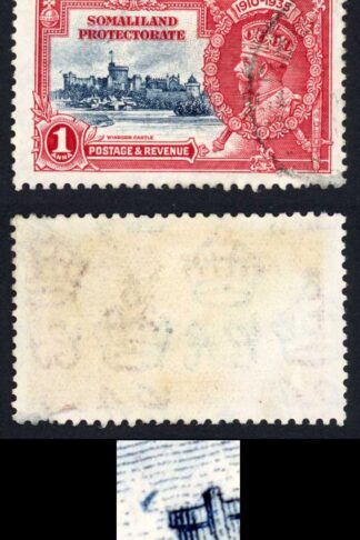 Somaliland SG86m 1d Silver Jubilee Bird by Turret (tear at base) Cat 200 pounds