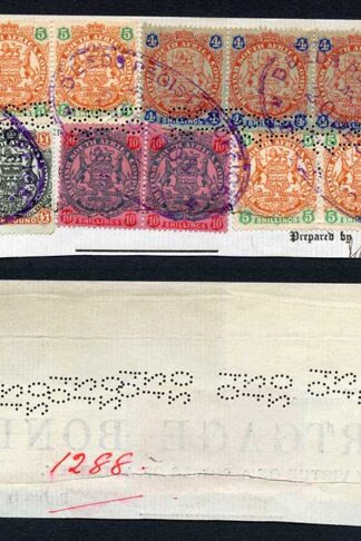 Rhodesia 1901 4/- x 4 5/- x 6 10 and One pound x 2 on Piece Perfin 20 12 01