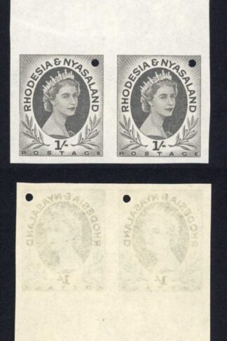 Rhodesia and Nyasaland SG9 1/- Grey-black PLATE PROOF U/M GUTTER BLOCK