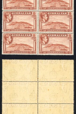Gibraltar SG122 1d Yellow-brown Perf 14 U/M BLOCK of 6 Cat 180 pounds