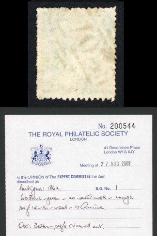 Antigua SG1 6d Blue-green No Wmk Rough Perf 14 to 16 RPS Cert Cat 550 pounds