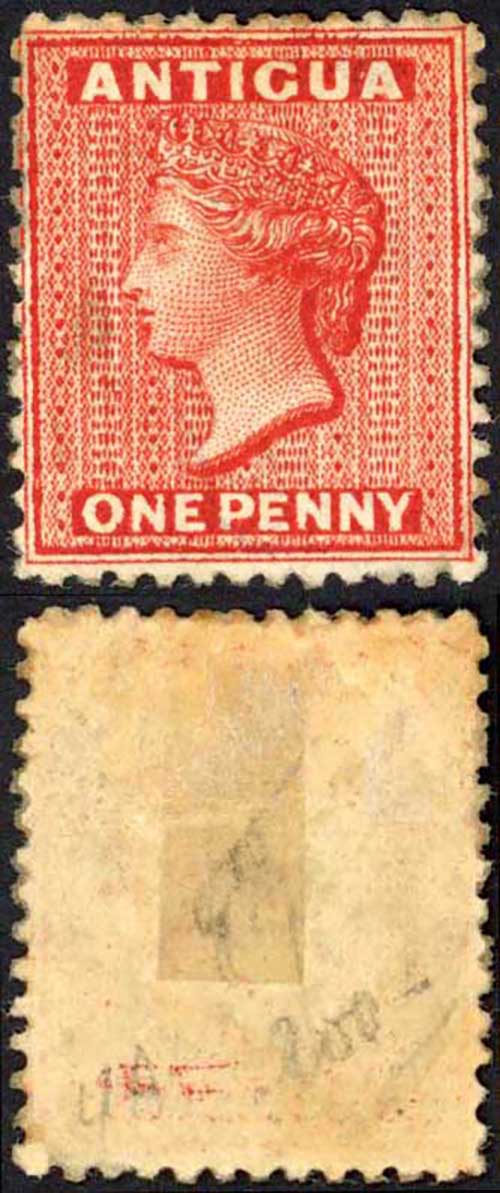 Antigua SG13 1d Wmk Crown CC Perf 12.5 Mint toned gum Cat 200 pounds