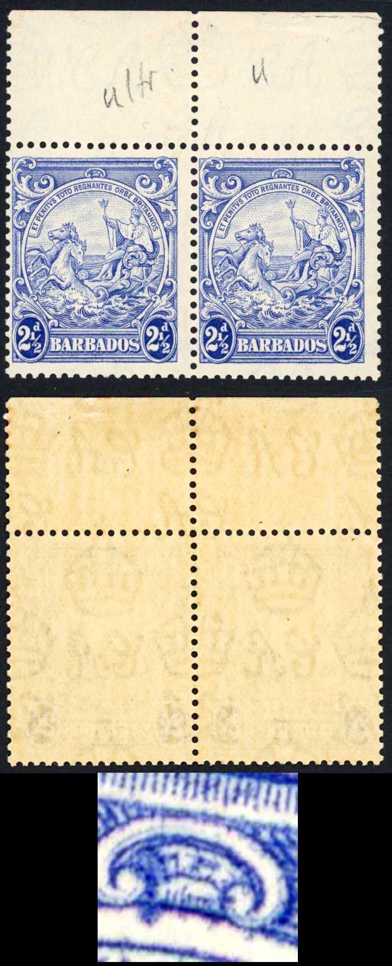 Barbados SG251bb 2 1/2d Blue Mark on Central Ornament U/M (toned) Cat 87.50