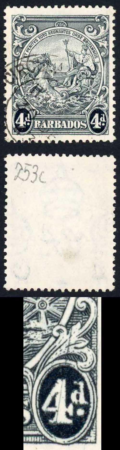 Barbados SG253c 4d Perf 13.5 x 13 Scratched Plate Fine used Cat 80 pounds
