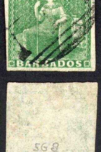 Barbados SG8 (1/2d) Green blued paper Four Margins Cat 150 pounds