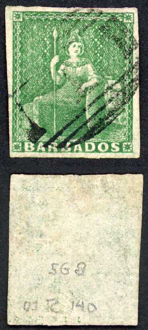 Barbados SG8 (1/2d) Green blued paper Four Margins Cat 150 pounds