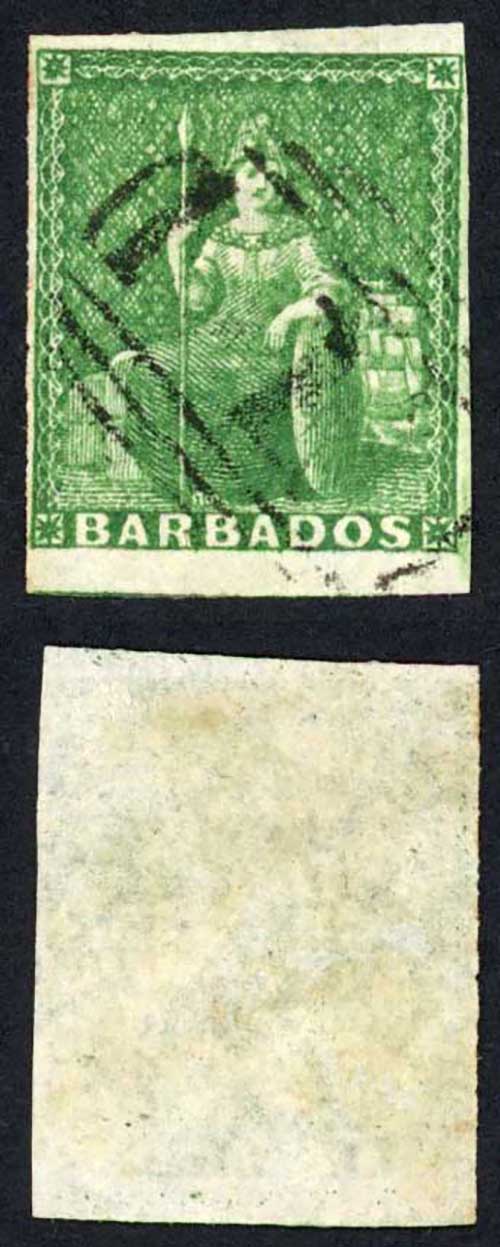 Barbados SG7 (1/2d) Yellow-green on white paper Cat 110 pounds