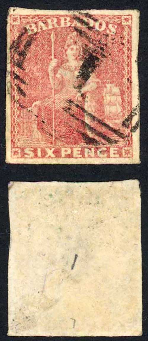 Barbados SG11 6d Pale Rose-red Fine four margins Cat 110 pounds