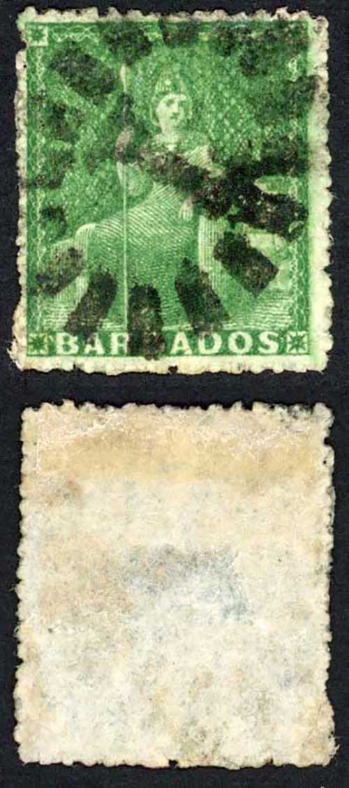 Barbados SG21 (1/2d) Green Rough Perf 14 Cat 40 pounds