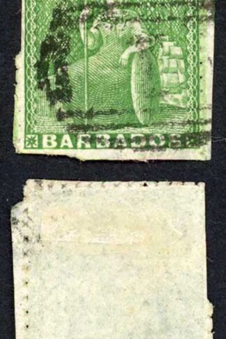 Barbados SG13 (1/2d) yellow-green pin perf 14 Cat 450 pounds