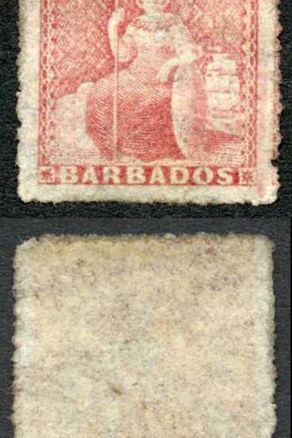 Barbados SG25 (4d) Dull Rose Rough Perf 14 to 16 ( back a bit grubby) Cat 170 p