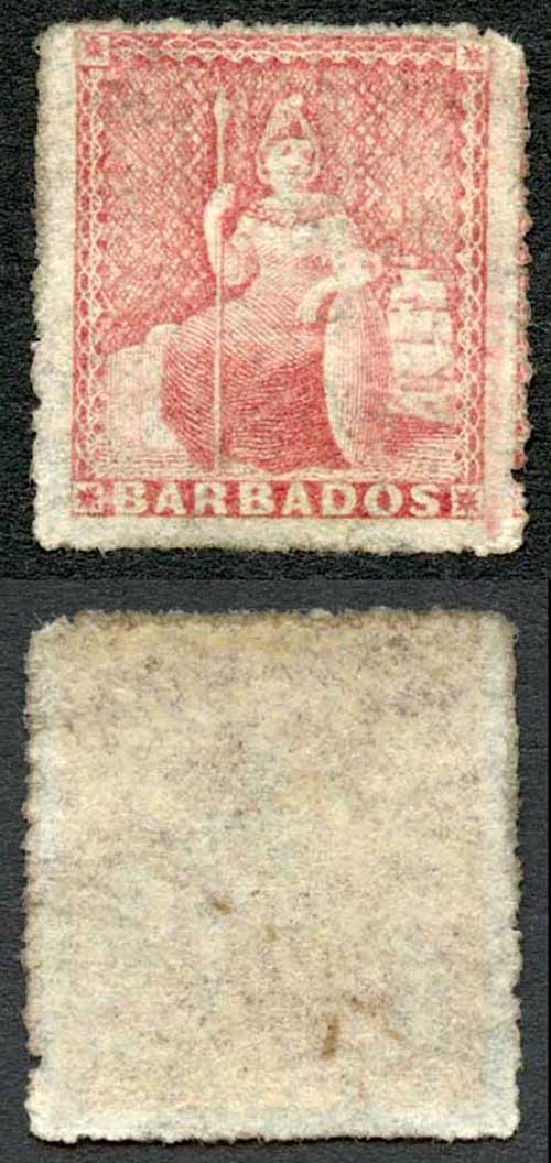 Barbados SG25 (4d) Dull Rose Rough Perf 14 to 16 ( back a bit grubby) Cat 170 p