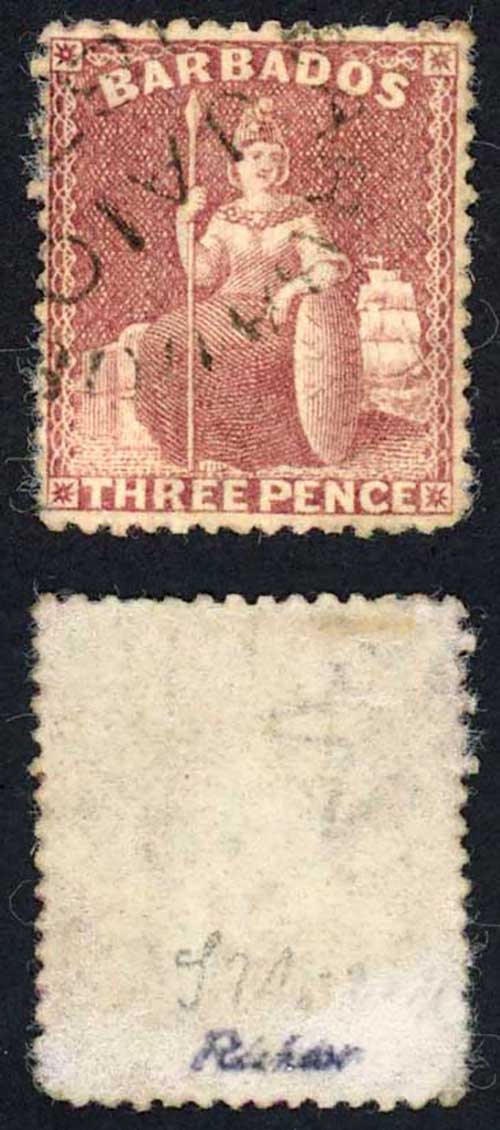 Barbados SG63 3d Brown-purple Wmk Small Star Sideways Cat 130 pounds
