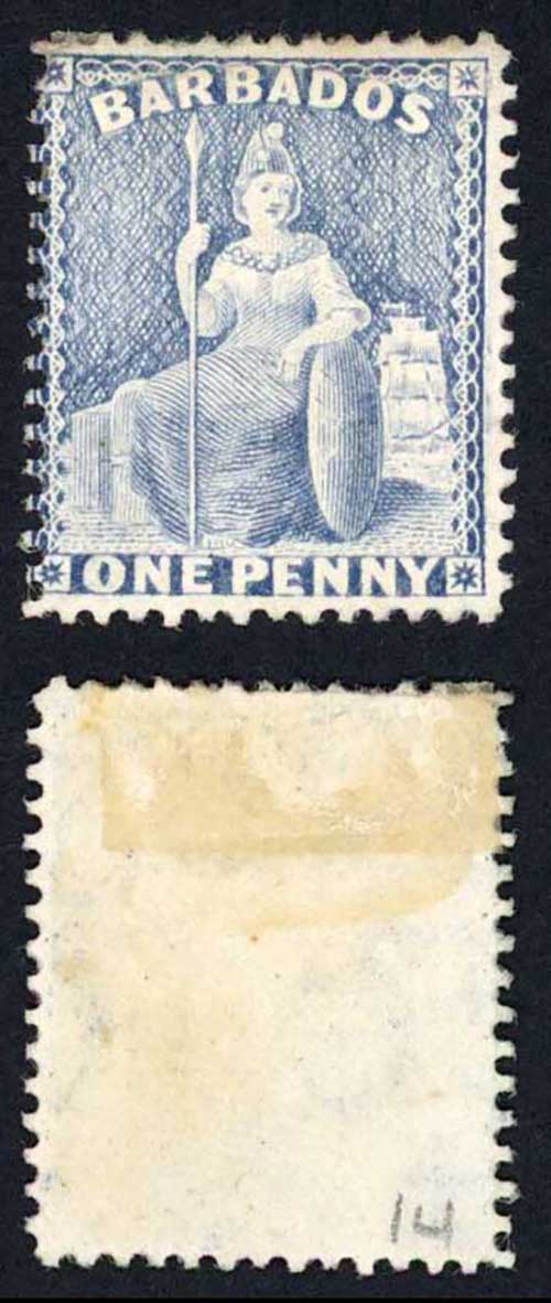 Barbados SG74 1d Grey blue Wmk Crown CC Perf 14 Re-gummed Cat 140 pounds