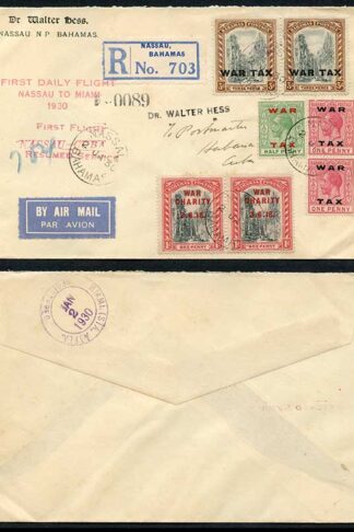 Bahamas 2 Jan 1930 Nassau to Miami First Flight Cover with WAR TAX Stamps on