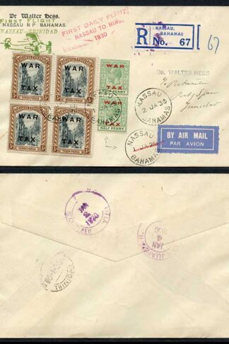 Bahamas 2 Jan 1930 Nassau to Miami First Flight Cover with WAR TAX Stamps on