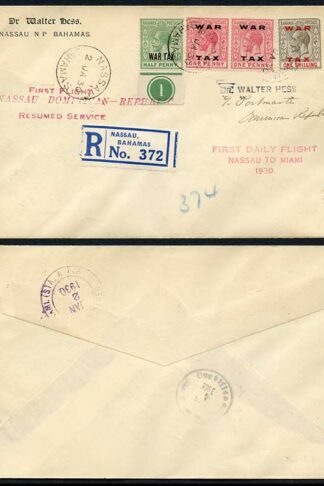 Bahamas 2 Jan 1930 Nassau to Dominican Republic Flight Cover with WAR TAX Stamp