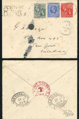 Leeward Is 1926 and Virgin Is uprated postal stationary to Costa Rica RARE