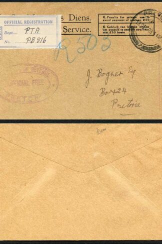 South Africa 1928 OHMS stampless env OFFICIAL REGISTRATION label RARE