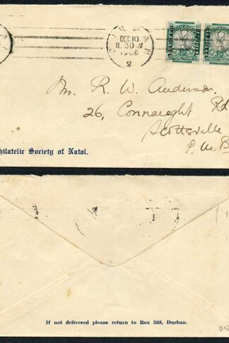 South Africa 1930s 1 1/2d Official pair SG.O12 on Philatelic Society of Natal c