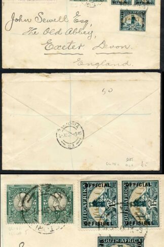 South Africa 1937 1 1/2d pair + 1 1 1/2d Officials on registered cover Pretoria