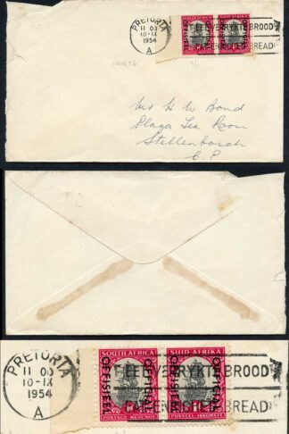 South Africa 1954 1d Official pair SG.O43 used on cover Pretoria postmark