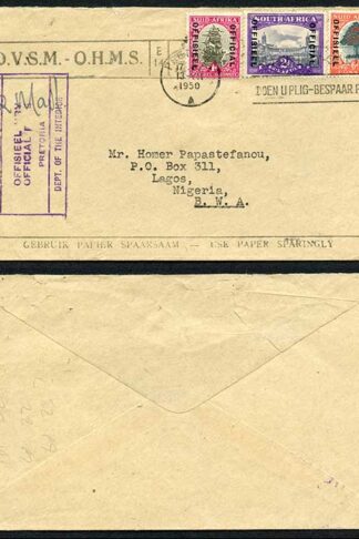 South Africa 1950 OHMS env franked 1d 2d + 6d Officials SG.O21 O24d O36b