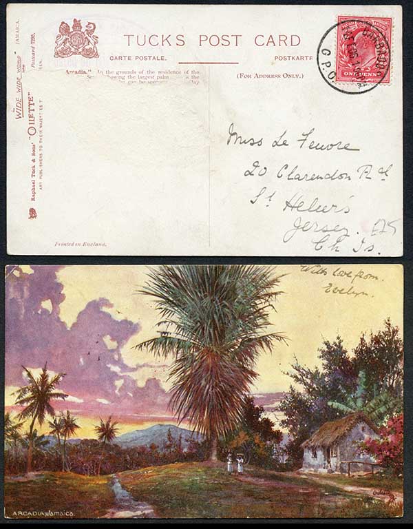 Barbados GB KEVII 1d on postcard to Jersey