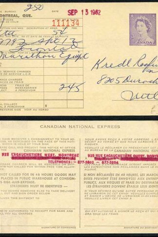 Canada 1962 4c National Express Postal Stationary