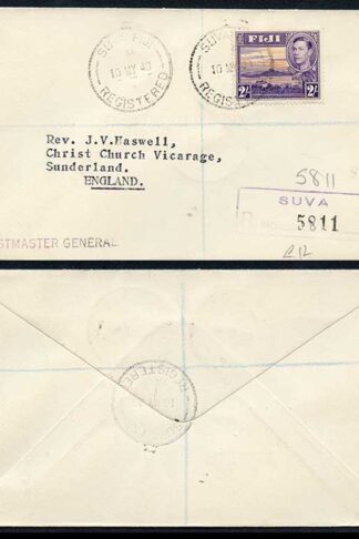 Fiji KGVI 2/- on Registered cover to England