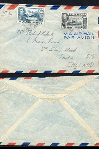 Falkland Is KGVI 1/- and 6d on Airmail cover