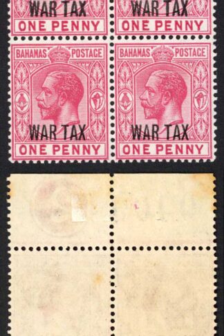 Bahamas SG97 1d opt War Tax plate Block (toned)