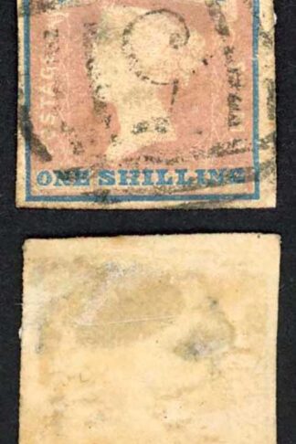 Victoria SG34 1/- (registered) Rose-pink and Blue (thin) Cat 200 pounds