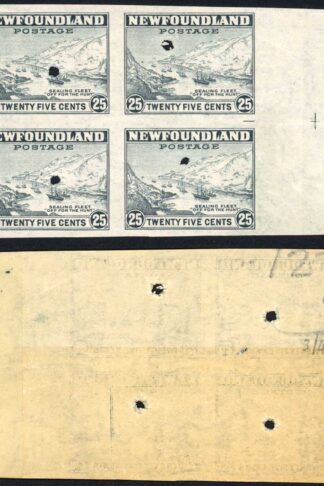 Newfoundland SG219 25c Slate Imperf Block with punch holes Block of Four