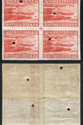 Newfoundland SG227 8c Imperf Block with punch holes Block of Four Gum Crease