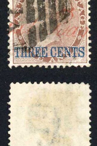 Straits Settlements SG3 Three cent on 1a in Blue Fine used Cat 95 Pounds