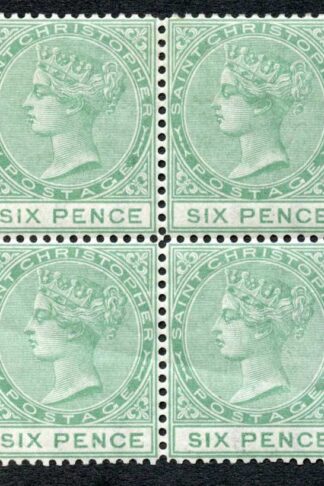 St Kitts Nevis SG9 6d green wmk Crown CC Perf 14 Bottom pair creased Cat 240 po