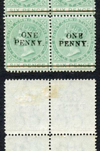 St Kitts Nevis SG24 One Penny on 6d Green STOP after Penny (2 x U/M) Cat 84 pou