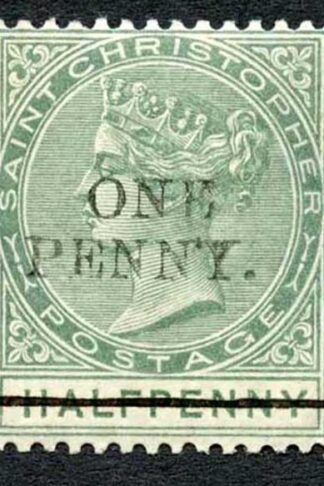 St Kitts Nevis SG26 1d on 1/2d Green BROKEN E M/M Cat 50+++ pounds