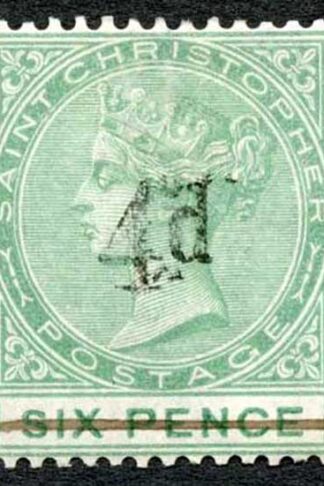 St Kitts Nevis SG25 4d on 6d green Variety NO STOP Mint (no gum) Cat 225 pounds
