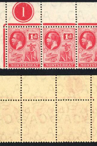 Montserrat SG50a 1d carmine-red U/M Plate Strip (mounted in margin) Cat 120 pou