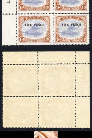 Papua SG121 2d on 1 1/2d Mullett Printing POSTACE in U/M Block Cat 198++ pounds