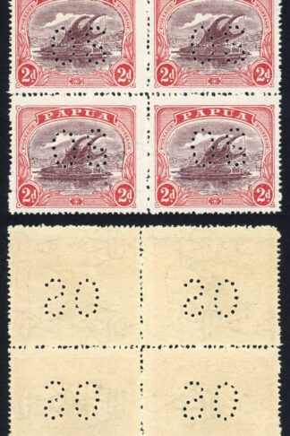 Papua SGO49 2d Deep Brown purple and Lake U/M Block Cat 200++ pounds
