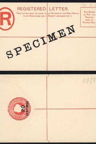 Gibraltar HG7 20c on 2d Vermilion Registered Envelope Size F DLR opt SPECIMEN