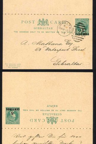 Gibraltar HG12 5c on 1/2d Green on Buff Reply card USED RARE