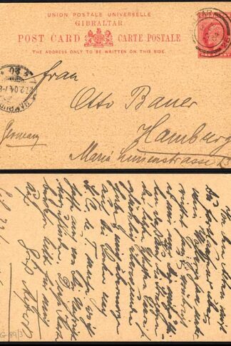 Gibraltar HG26 KEVII  1d Rose postcard used to Hamburg (tear at top)