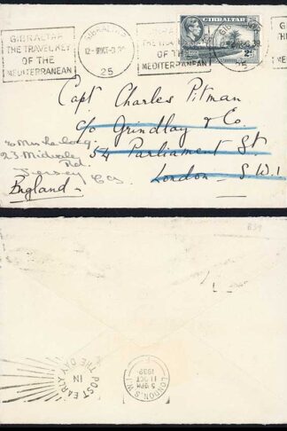 Gibraltar 1939 2d Grey on cover with Slogan pmk