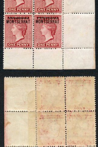 Montserrat SG1 1d red Corner Block of Four Wmk CA Cat 112+++ pounds