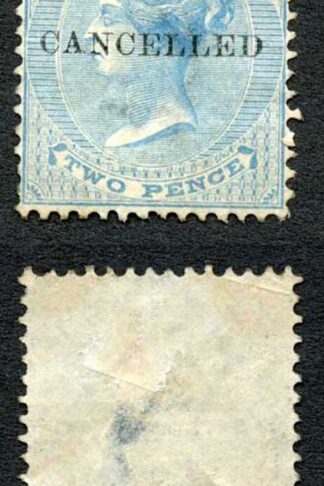 Mauritius SG59 2d pale Blue wmk CC Mint no gum (thin) Cancelled