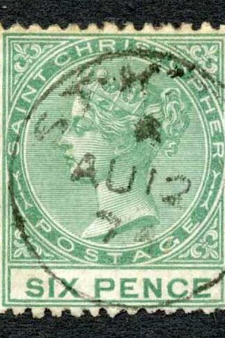 St Kitts-Nevis SG5 6d Green Wmk Crown CC Perf 12.5 Cat 7.50 pounds